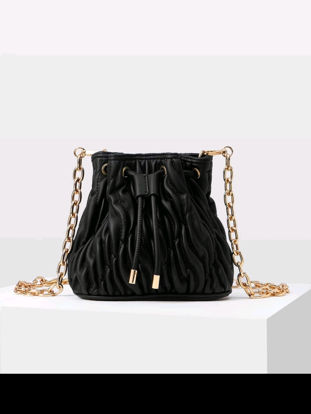 MOTF Black Ruched Bucket Bag with Gold Chain Strap